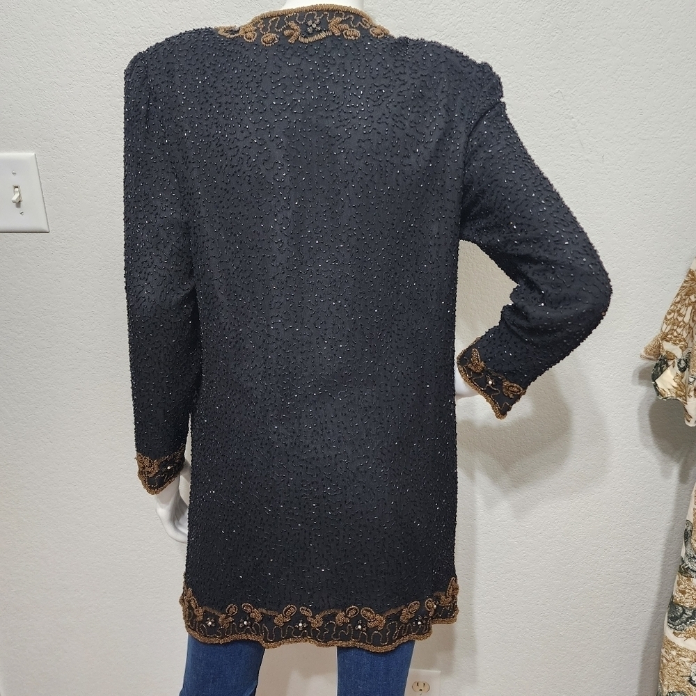 Vintage Scala Black Silk Beaded Long Evening Jacket Size M - Picture 7 of 12